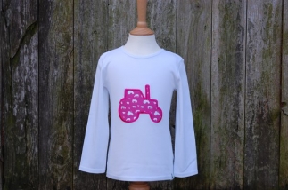 Applique Tractor Long Sleeved Tee White/Pink